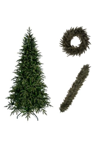 Tmavozelená vianočná kolekcia 3D Jedľa Normandská pozostávajúca z vianočného stromčeka, adventného venca a vianočnej girlandy